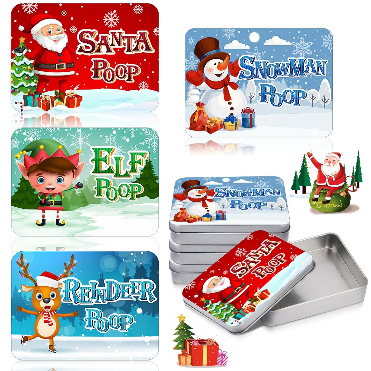 Zhengmy 8 Pack Novelty Christmas Poop Mint Stocking Stuffers Tins Christmas Character Mint Tins Gift Funny Candy Metal Box for Kids Teen Boy Adult, 4 Cute Style