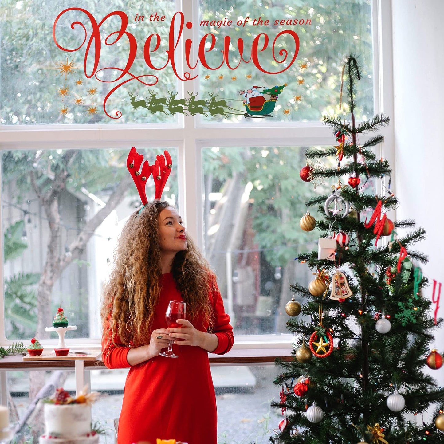 Large Christmas Wall Decals Stickers - Believe Quotes Decals, Tree Door Stickers Merry Christmas Wall Decorations Xmas Bathroom Fireplace Decor for Party Window Supplies - Removable