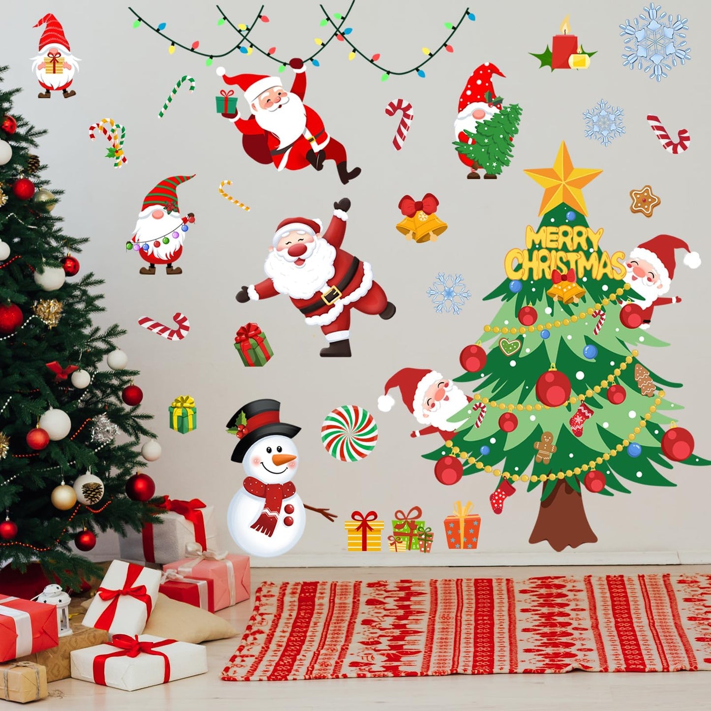 41.33 x 41.33 Inch Christmas Tree Wall Decal Christmas Santa Claus Snowmen Wall Stickers Removable Xmas Wall Decor for Christmas Holiday Party Supplies Home Window Decor