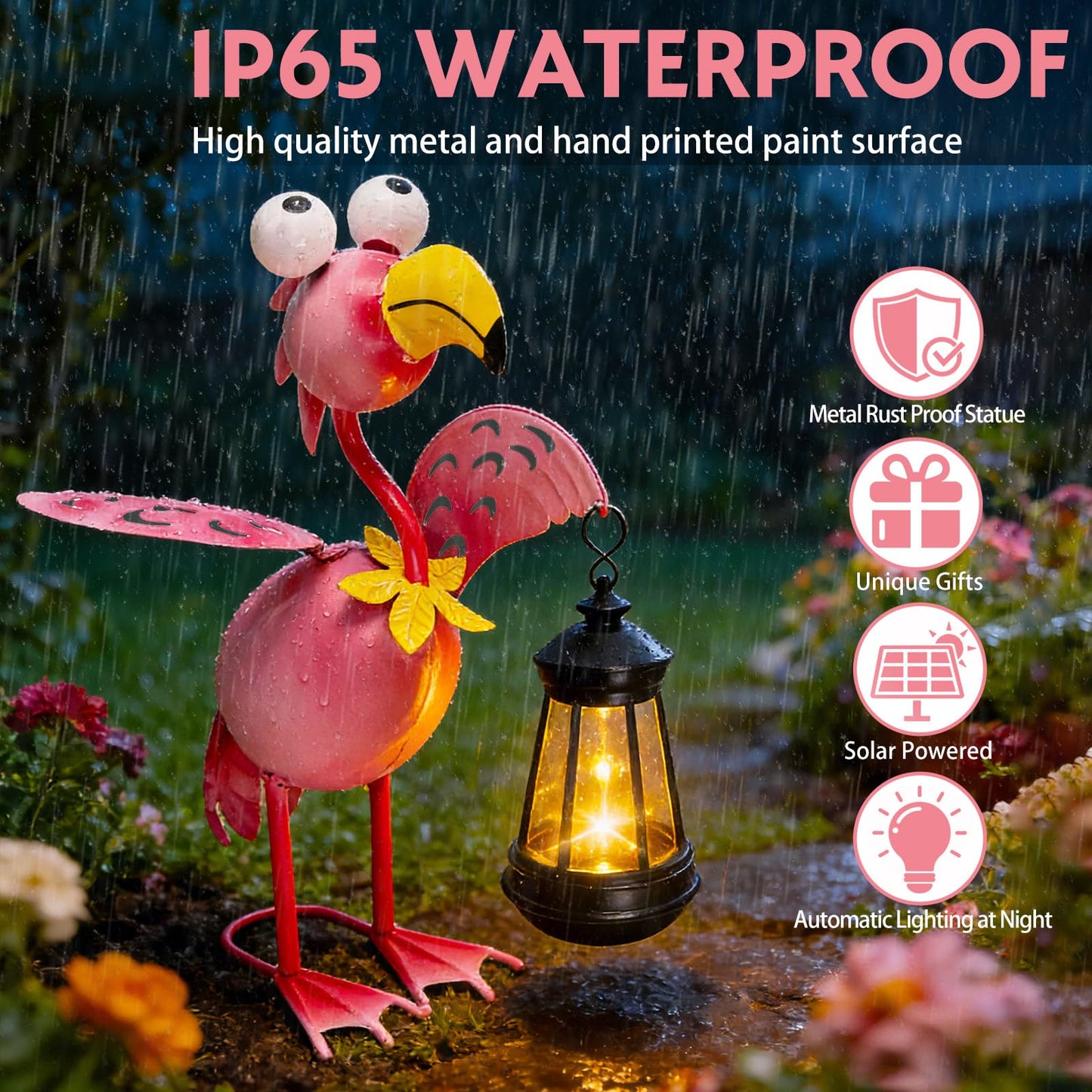 Solar Garden Lights Flamingo Statue with Solar Lantern, Flamingo Decor Fairy Accessories, Mothers Day Birthday Gifts for Women Mom Grandma, Big Metal Decorative Stakes for Home Patio Porch Yard Art