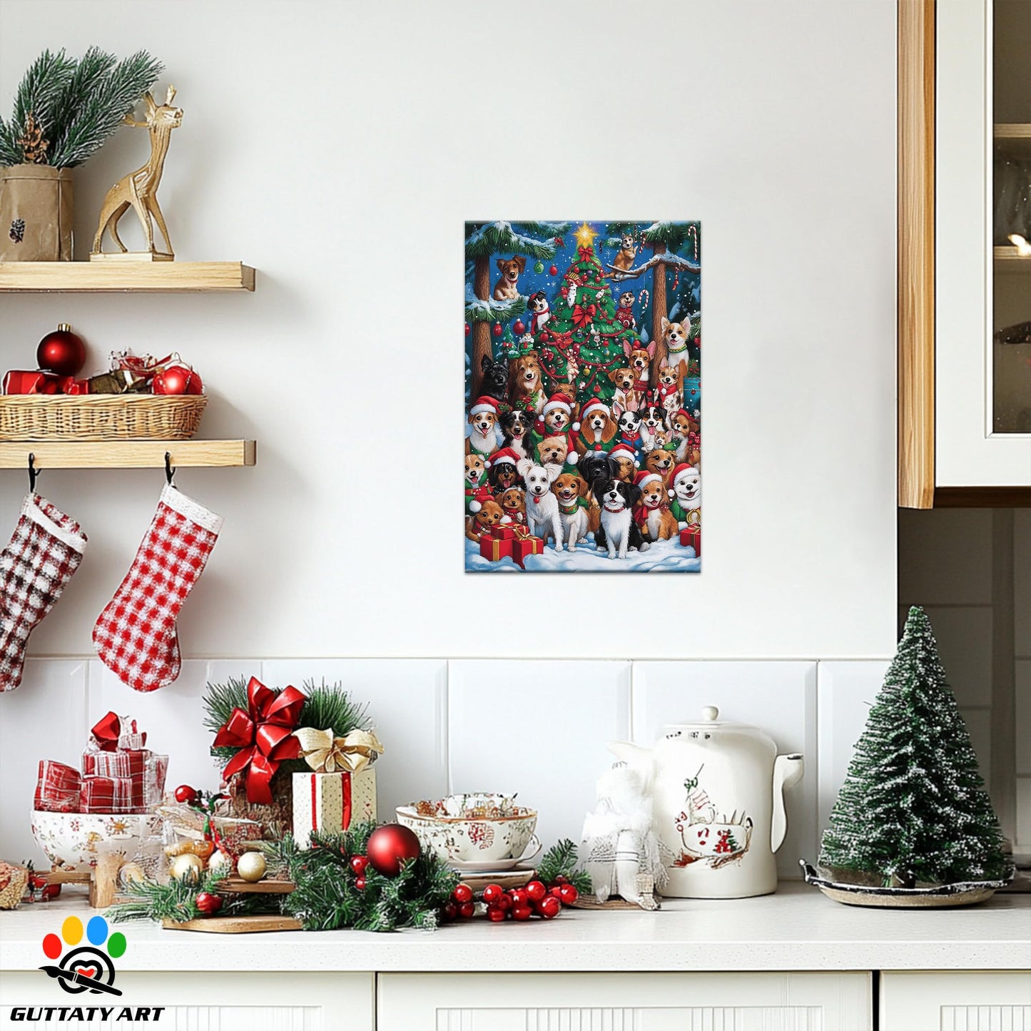 GUTTATY Christmas Canvas Wall Art, Cute Dog Christmas Canvas Wall Decor, Cartoon Christmas Tree Pictures Framed, Winter Scene Canvas Art, Christmas Theme Wall Art Decor for Living Room 18x24 Inch