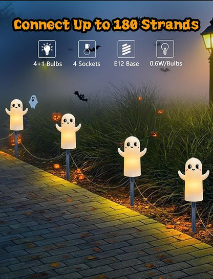 4 Pack Halloween Ghosts Pathway Marker Lights, 7Ft Outdoor Halloween Pathway String Lights with 4 White Ghost Stakes Lights, Extendable Walkway Lights Waterproof for Yard Porch Lawn Sidewalk Garden