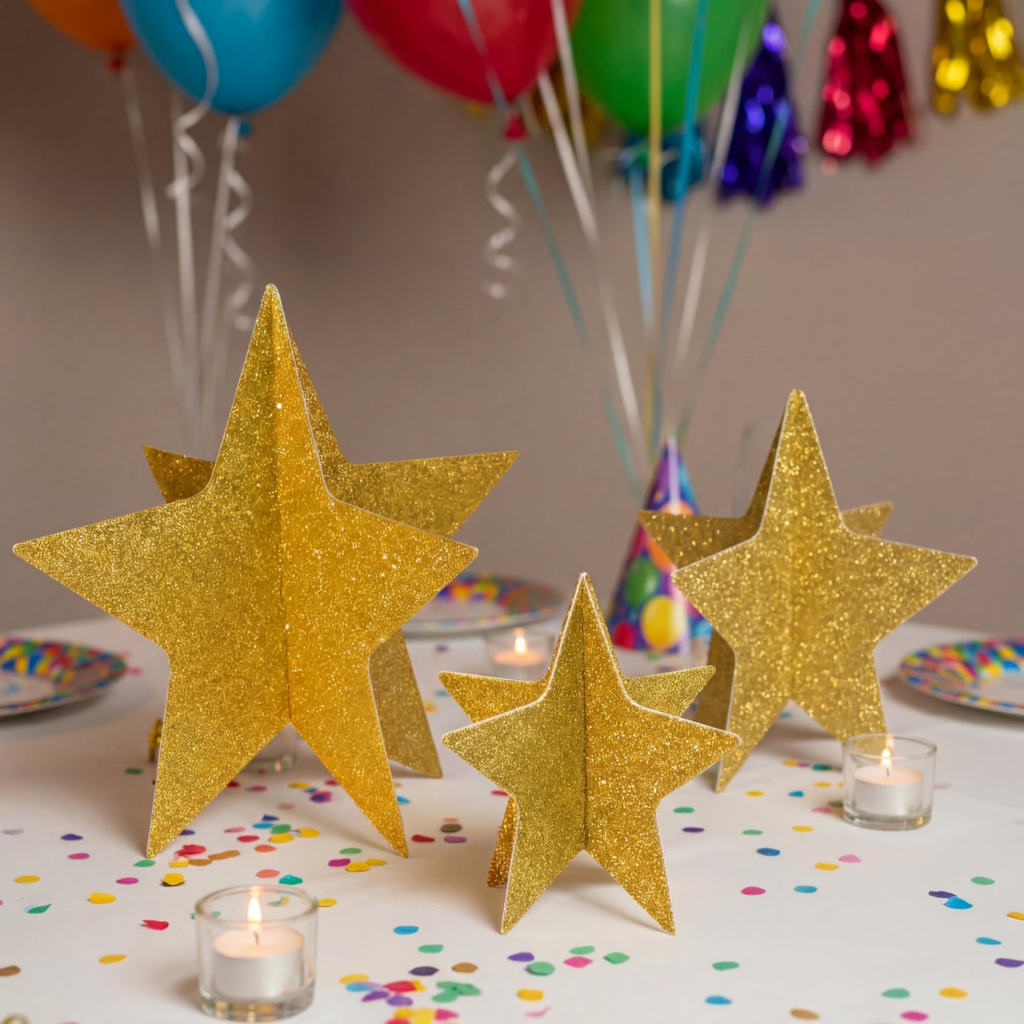 AmazingSpark 9 Pcs Large Star Centerpieces Gold 3D Back to School Star Table Decorations in 3 Sizes 10" 8" 6" for Birthday Party Baby Shower Gathering Ceremony Movie Night Supplies (Glitter Gold)