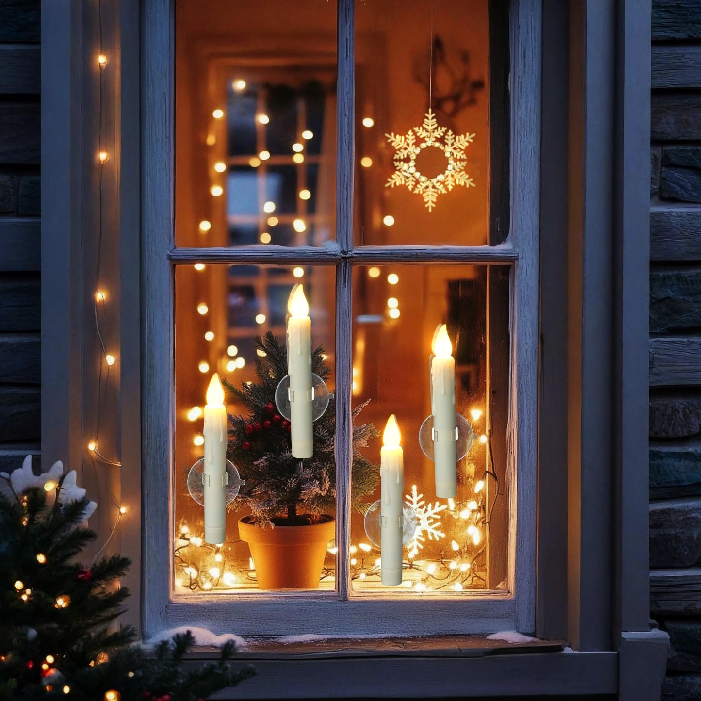 Daord 6 Pcs Sensor Dusk to Dawn Window Candles Flameless Flickering Candlesticks with Black Holders & Suction Cups Battery Operated Fake Candle for Christmas Home Decor (6pcs,Ivory)