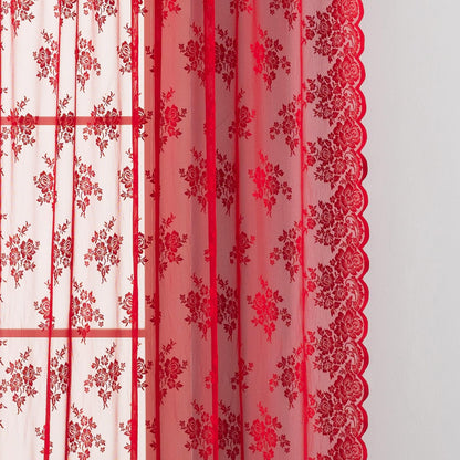 Kotile Red Sheer Lace Curtains 96 Inches Long, W52 x L96 Inch, 2 Panels Country Rustic Floral Red Lace Curtains for Living Room, Rod Pocket Privacy Light Filtering Christmas Sheer Window Curtain