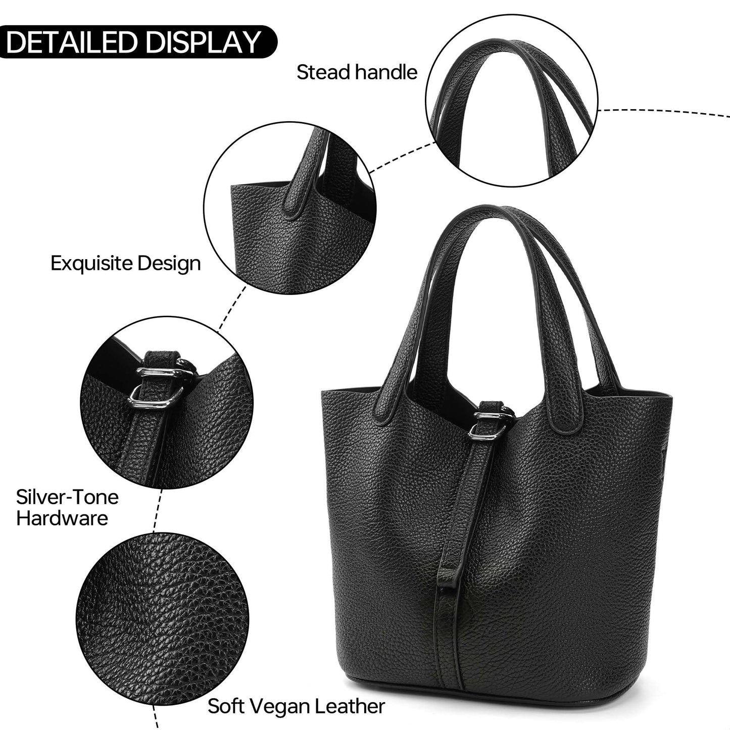 Kiss Sea Mini Bucket Bag for Women, Pebbled Vegan Leather Tote with D-Lock Detail, Convertible Crossbody Handbag