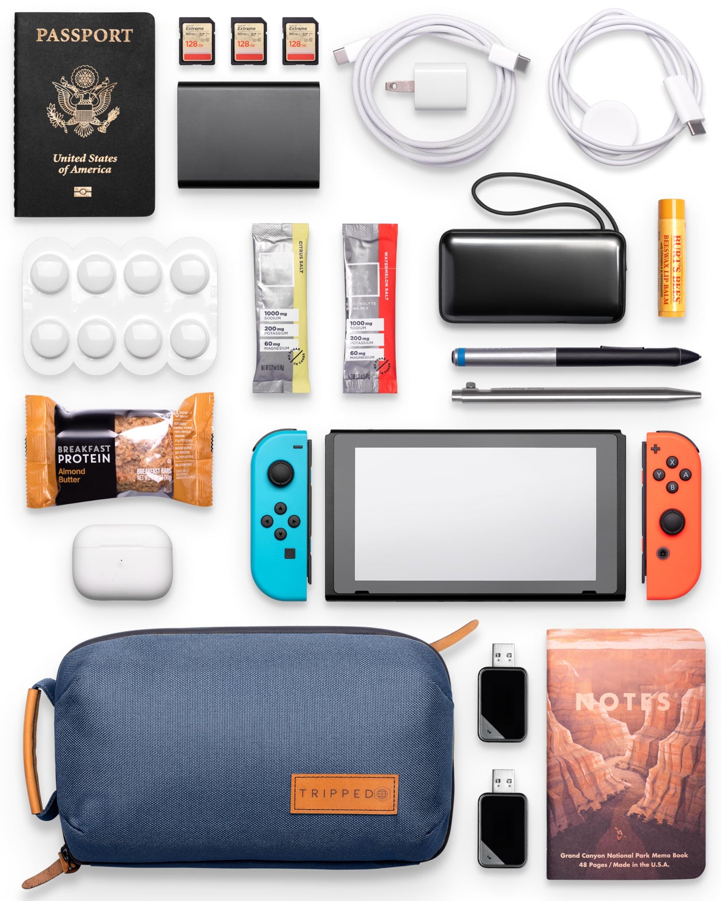 TRIPPED Travel Gear Tech Bag Organizer - Small Electronics Organizer Pouch for Travel - Premium Travel Case with Leather Accents - Mesh Pocket for Cables, Cords and Chargers (Navy)