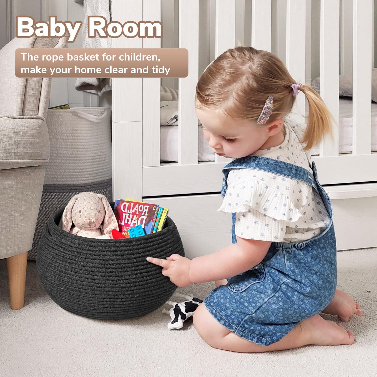 Goodpick Small Rope Storage Basket, Black Round Baskets for Socks, Dog Toys, Towels, Cute Baby Basket for Living Room, Bedroom, Nursery, Towel Baskets for Bathroom, 10 x 8.3 inches