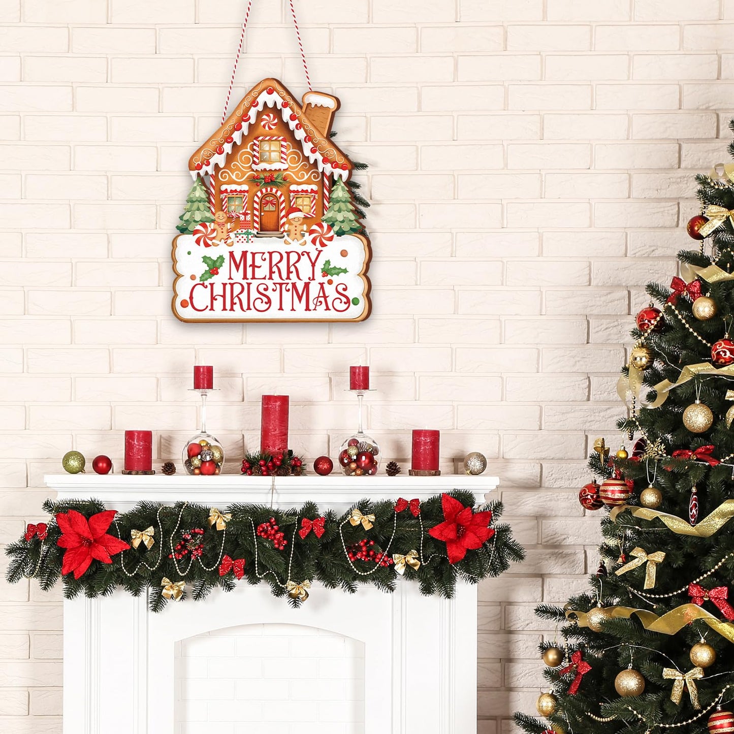 Whaline Merry Christmas Door Sign Outdoor Hanger Gingerbread House Wooden Front Door Hanging Sign with Rope for Xmas Winter Holiday Party Home Wall Porch Decorations