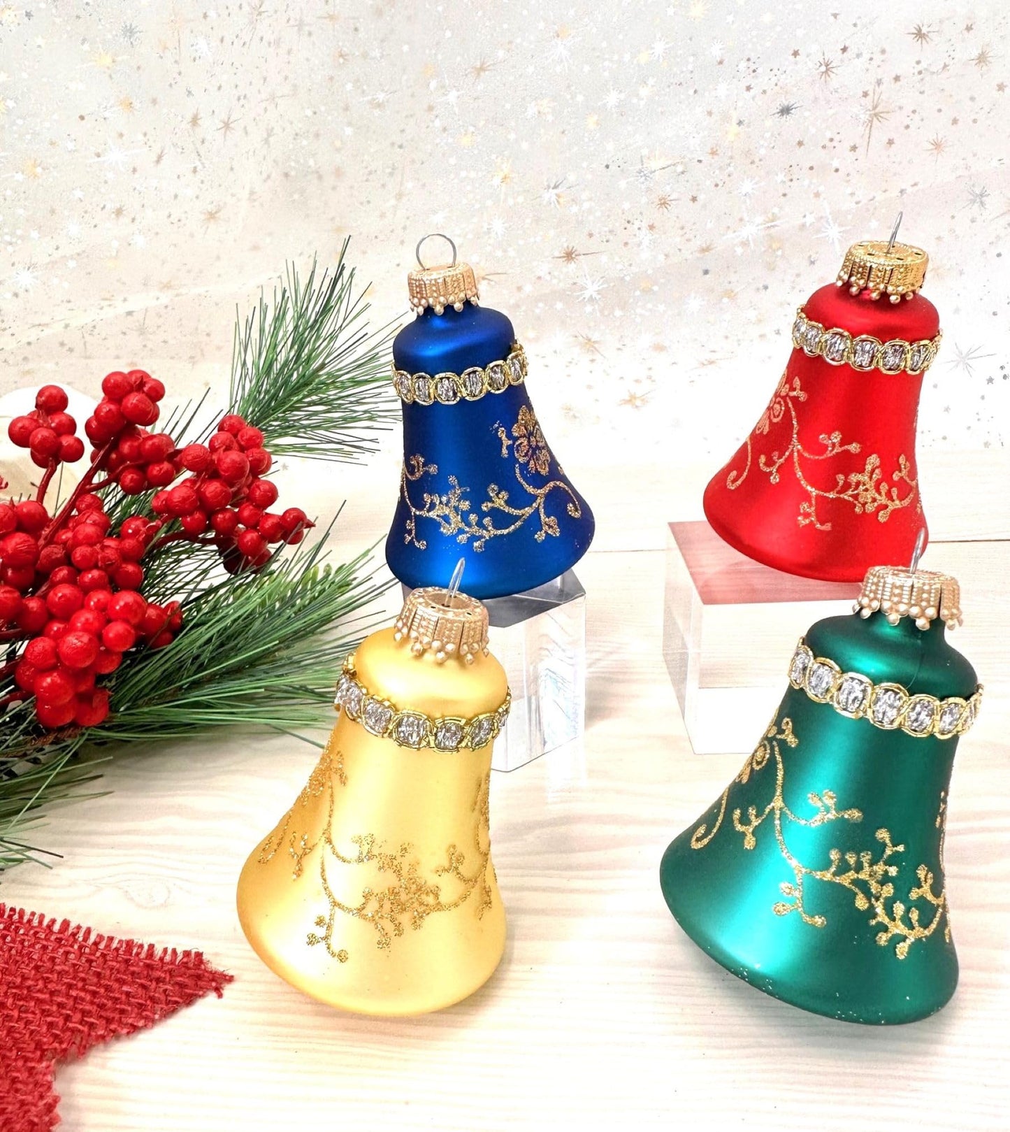 Glass Christmas Tree Ornaments - 67mm/2.625" [4 Pieces] Decorated Balls from Christmas by Krebs Seamless Hanging Holiday Decor (Red, Gold, Navy & Green 3" Bell w/Glitterlace & Braid)