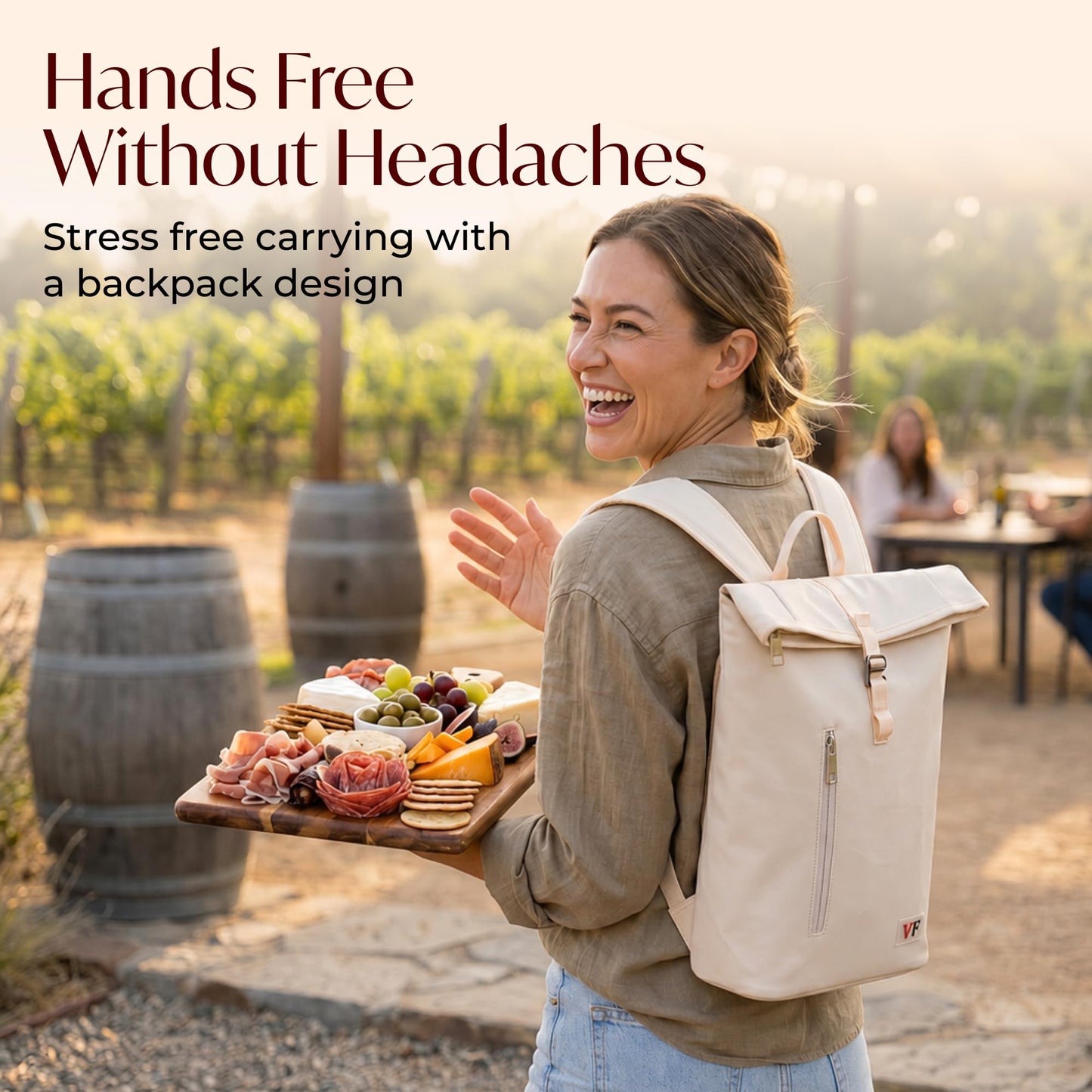 VIN FRESCO Two Bottle Rolltop Wine Tote Bag – Stylish PU Leather Backpack with Matching Tumblers – Wine Carrier with Padded Straps and Compartments for Travels & Picnics (Beige)