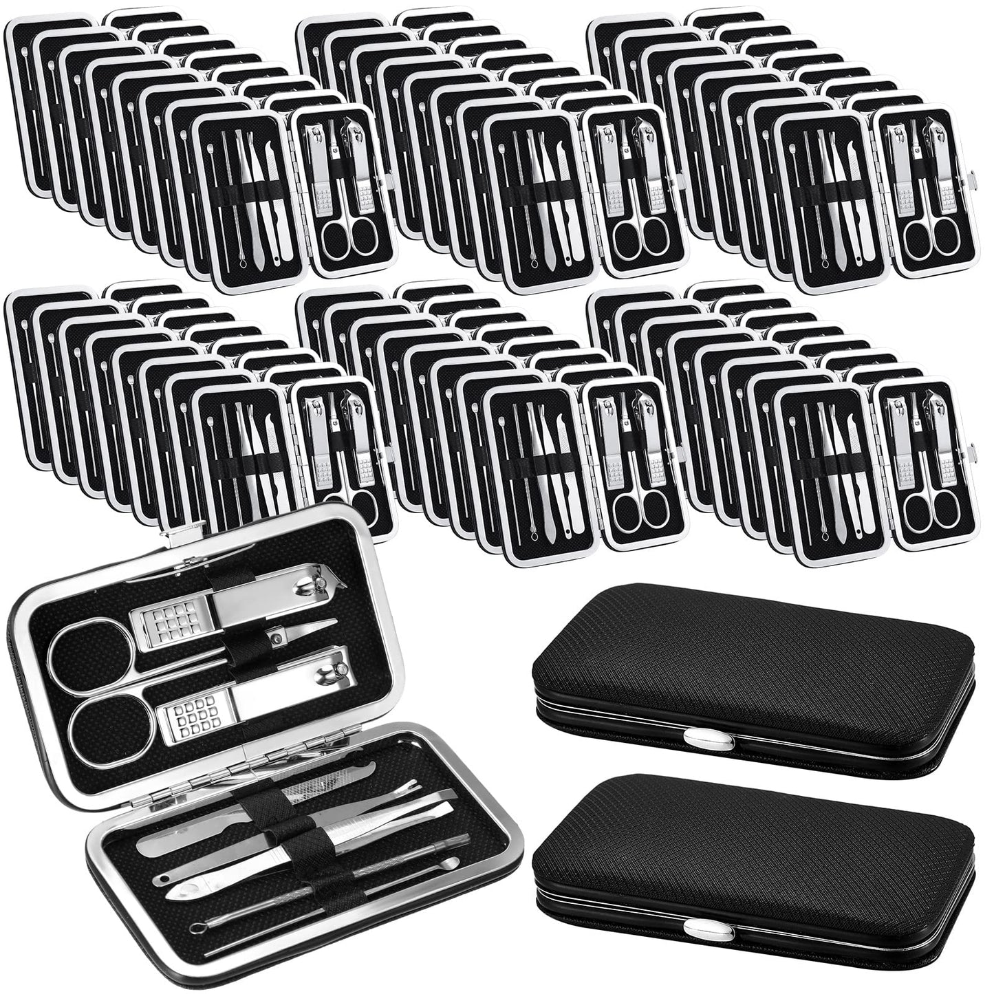 Geosar 50 Set 8 in 1 Travel Manicure Kit Bulk Professional Nail Clippers Pedicure Nail Care Tools Grooming Stainless Steel Set with Portable Travel Case, Gift for Valentine Men Women(Black)
