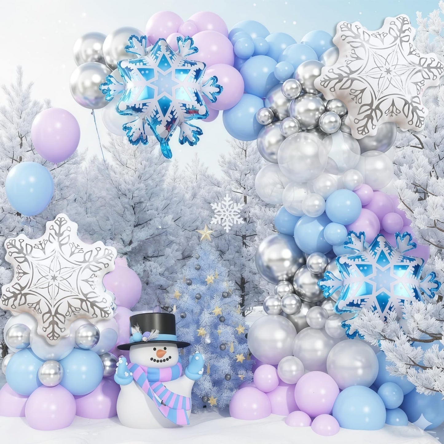Winter Wonderland Balloon Arch Garland Kit, 141Pcs Pastel Purple Blue White Metallic Silver Winter Onderland Balloon Arch with Snow flake Foil Balloon for Women Birthday Party Christmas Decorations