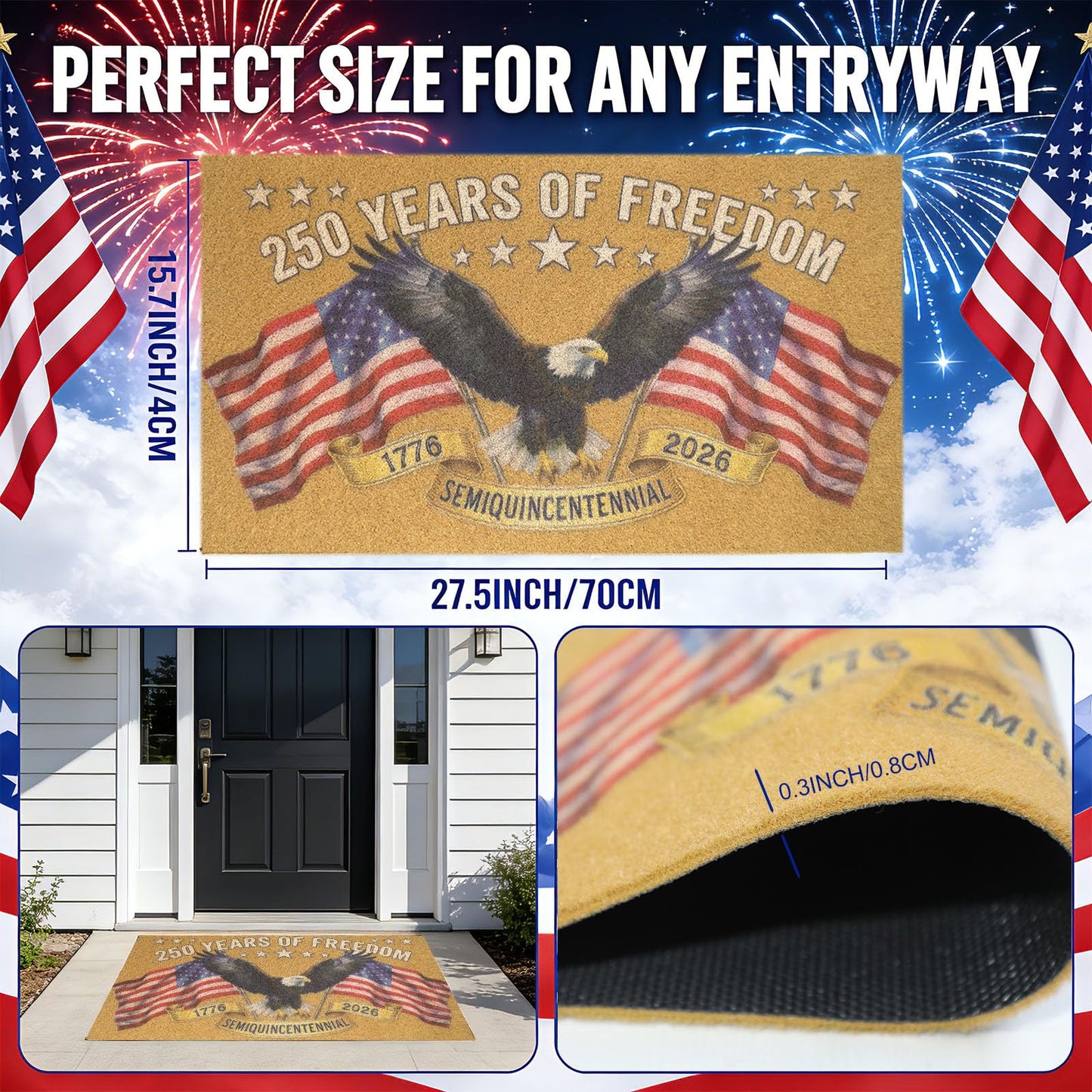 Patriotic Door Mat 250th Anniversary America USA Doormat,4th of July 17"x28" Patriotic Coir Mat with Bald Eagle & Stars Mat,Non-Slip Independence Day Freedom Memorial Day Porch Front Decor