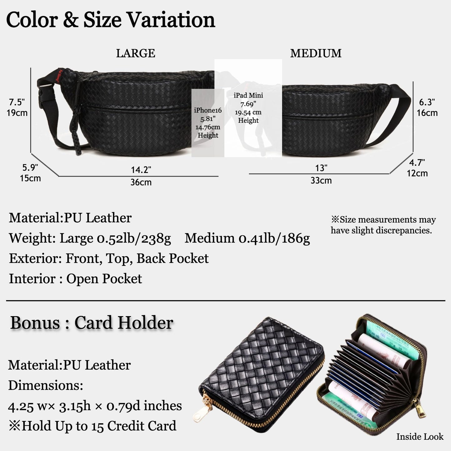 Woven PU Leather Fanny Packs for Men and Women, Stylish Shoulder Sling Crossbody Purse Adjustable Strap, Unisex Bum Waist Bags for Festival Travel Shopping Outdoor (Black, Medium)