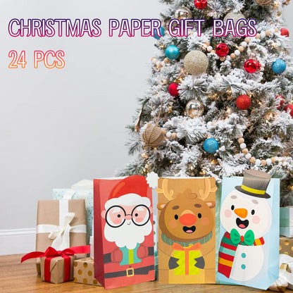 Uptotop 24 Pack 2D Christmas Treat Bags with 6 Assorted Designs, Xmas Kraft Paper Bags for Holiday Cookie Candy Party Favor Supplies Decor