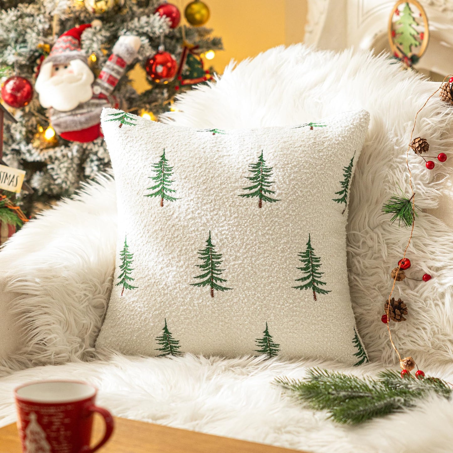SINYASAN 1 Pack Christmas Tree Throw Pillow Covers 18"x18" White Boucle Pillow Cases with 3D Embroidery Decorative Holiday Winter Thanksgiving Decorations for Couch Sofa Living Room