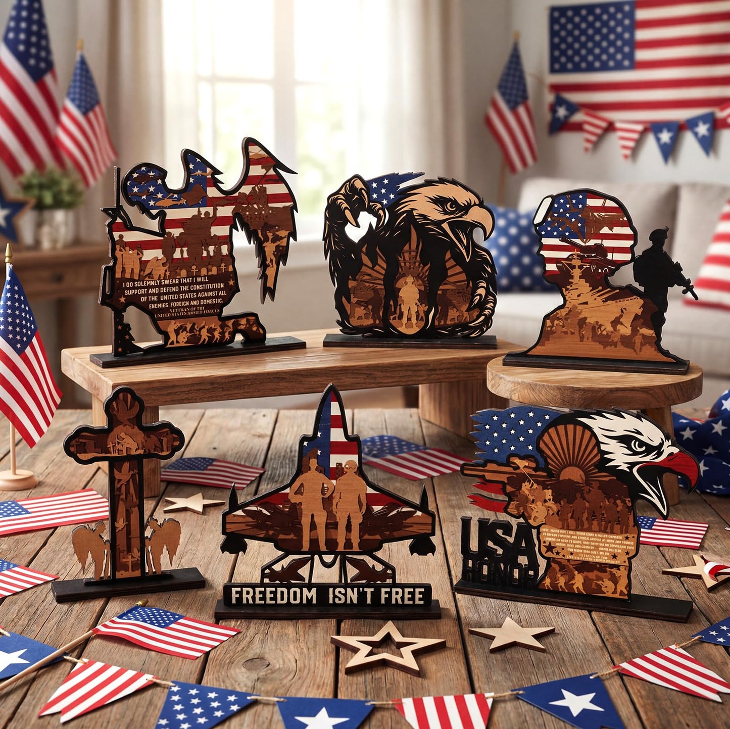 Yuntau 6 Pcs 4th of July Patriotic Table Decorations 250th Anniversary Wood Table Centerpiece American Soldier USA Wooden Tabletop Sign for Independence Veteran Day Shelves Memorial Tiered Tray Decor