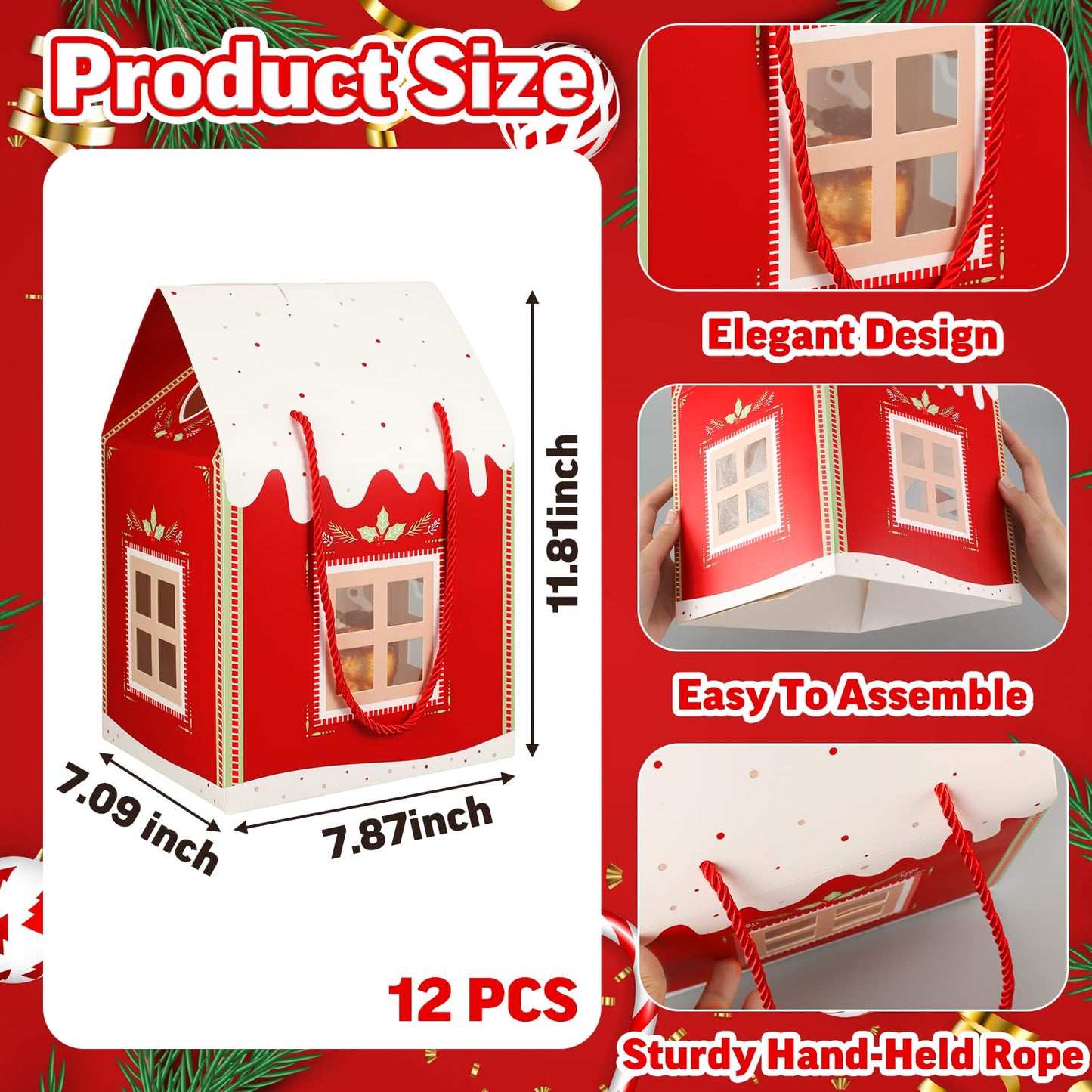 AmazingSpark 12 Pack Large Christmas Enchanted Gift Boxes Wonderland Cottage House Shaped Christmas Boxes with Handle, Real Estate Agent Gift Bag Xmas Paper Candy Packaging Box, 11.8 x 7.9 x 7inches