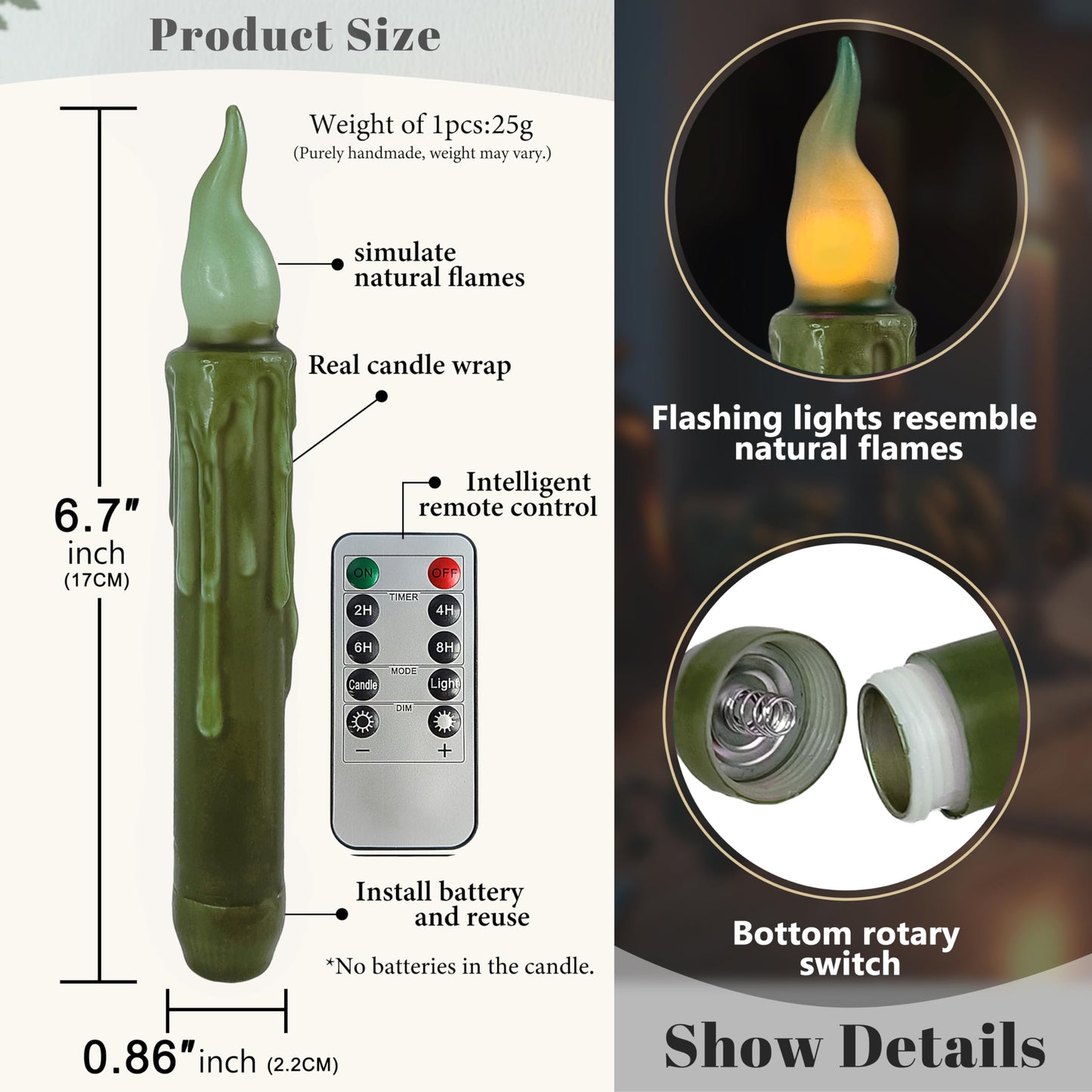 FCMSHAMD Olive Green Flameless Short Taper Candles, Real Wax Hand Dipped LED Battery Operated with Remote, Flickering Flame Lights for Party Home Décor, 6.7 Inch Primitive Flameless Candles, 4PCS