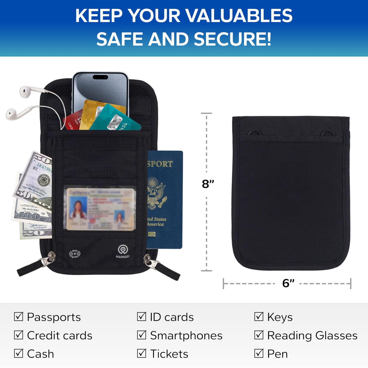 HANOZI Neck Wallet – Travel Pouch and RFID Blocking Passport Holder for Women and Men, Slim Travel Wallet (Black V2)
