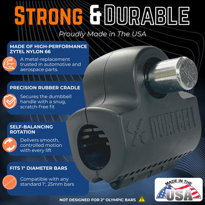 DUALBELL Superset Black w/black weight collars- for 1"bar Dumbbell to Barbell Adapters - Connect dumbbells to a 1" standard diameter bar to use in place of weight plates- 500lbs max capacity
