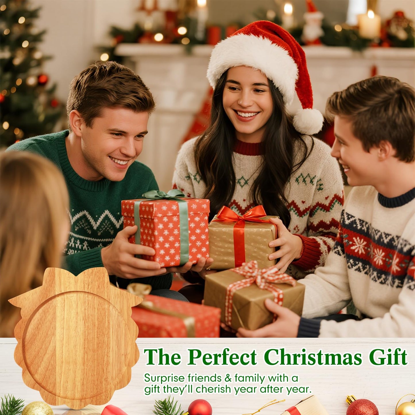 Bokon 12" Wreath Christmas Charcuterie Board Wooden Cutting Board Xmas Serving Platter Tray Cookie Plate for Cheese Bread Dessert Fruit, Gift for Christmas Party Holiday Decoration(Rubber Wood)