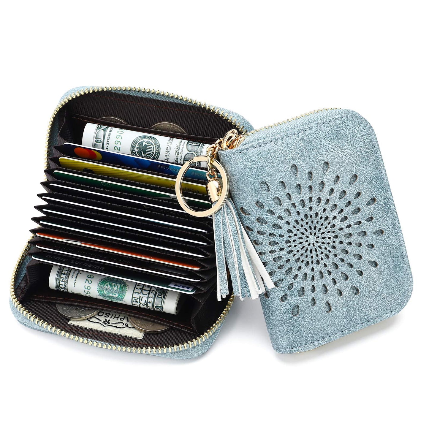 APHISON RFID Credit Card Holder Zipper Card Case Keychain Small Wallet for Women 1927 BLUE