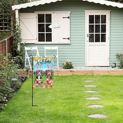 Dachshund Dog Bunny Cute Flower Happy Easter Garden Flag Welcome Party Outdoor Outside Decorations Picks Home House Garden Yard Decor 12x18 Inch