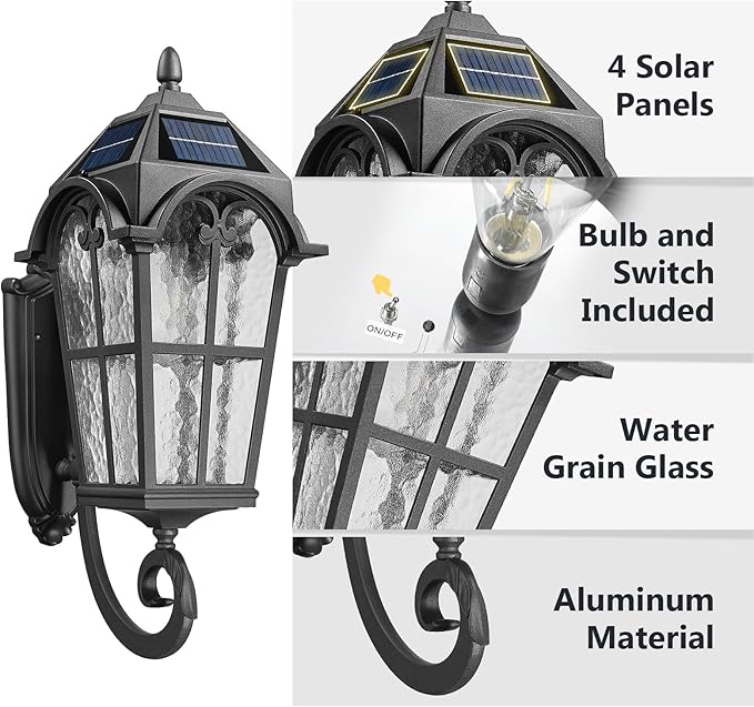 Emliviar Exterior LED Solar Wall Sconce with Remote Control, 24'' Front Door Wall Lantern with Water Grain Glass Shade, Waterproof Solar Black Wall Light with E26 Bulb, YXE302MB-SL BK
