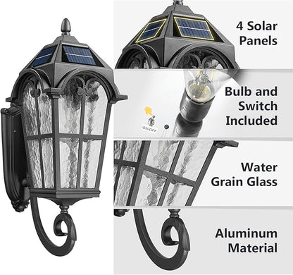 Emliviar Exterior LED Solar Wall Sconce with Remote Control, 24'' Front Door Wall Lantern with Water Grain Glass Shade, Waterproof Solar Black Wall Light with E26 Bulb, YXE302MB-SL BK