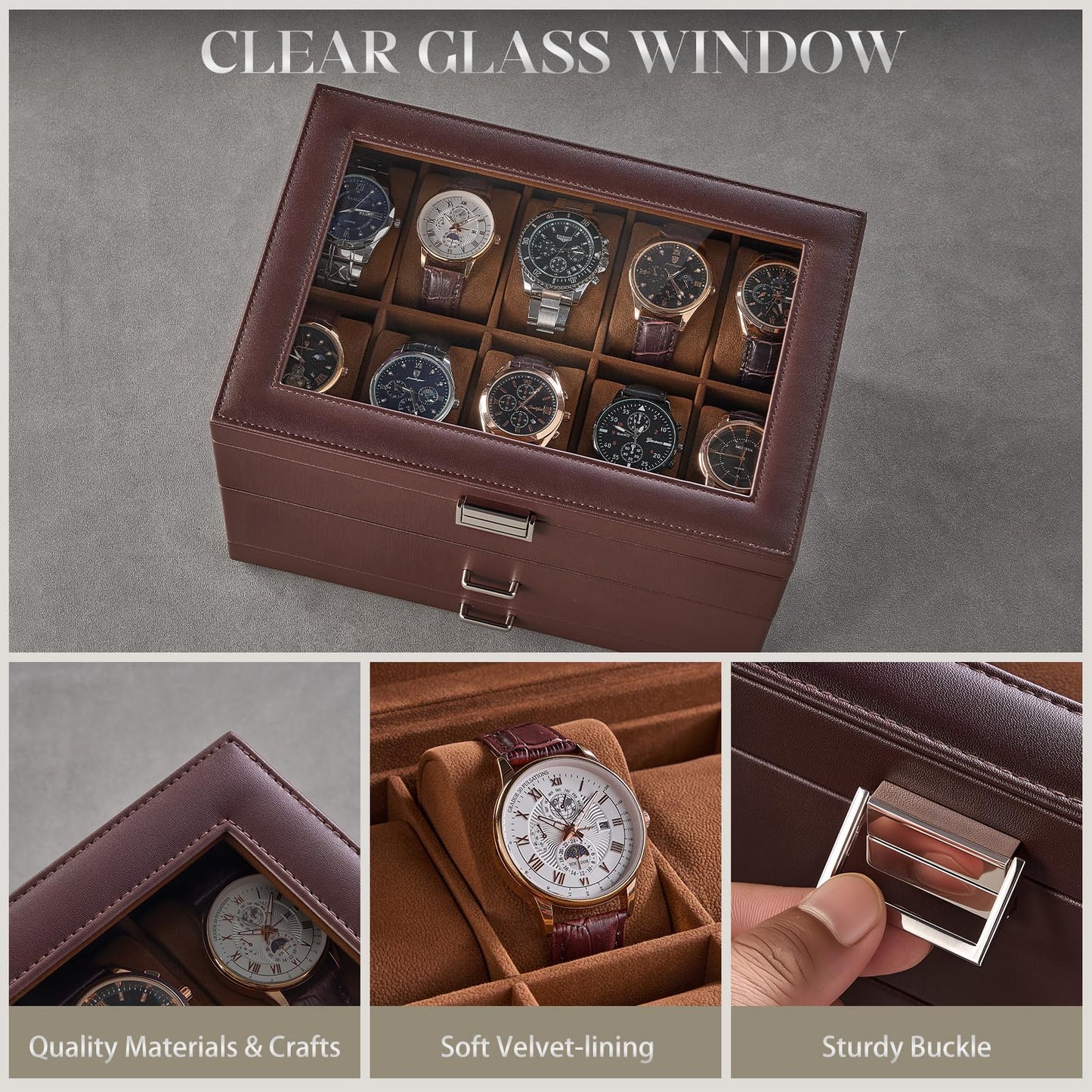 ProCase 20 Slot Watch Box for Men, 3-Layer Watch Display Case with Glass Lid, Watch Holder with Drawer, Jewelry Storage Organizer for Watches Straps Rings, Fathers Day Gift -Brown