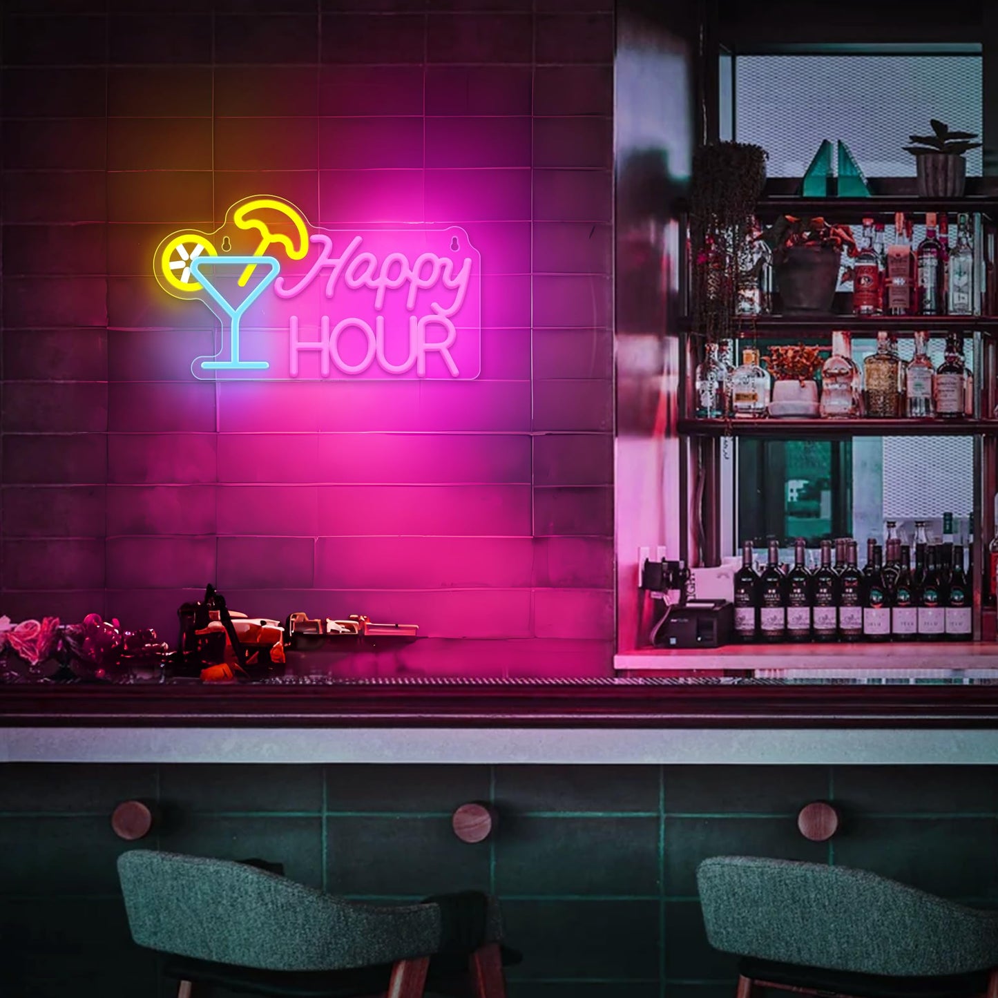 Attivolife Cocktail Happy Hour Neon Sign, Bright LED Lights with USB Powered, Light up Wall Decor for Bedroom, Man Cave, Unique Business Lamp for Club, Store, Party, Bistro, Birthday Christmas Gifts
