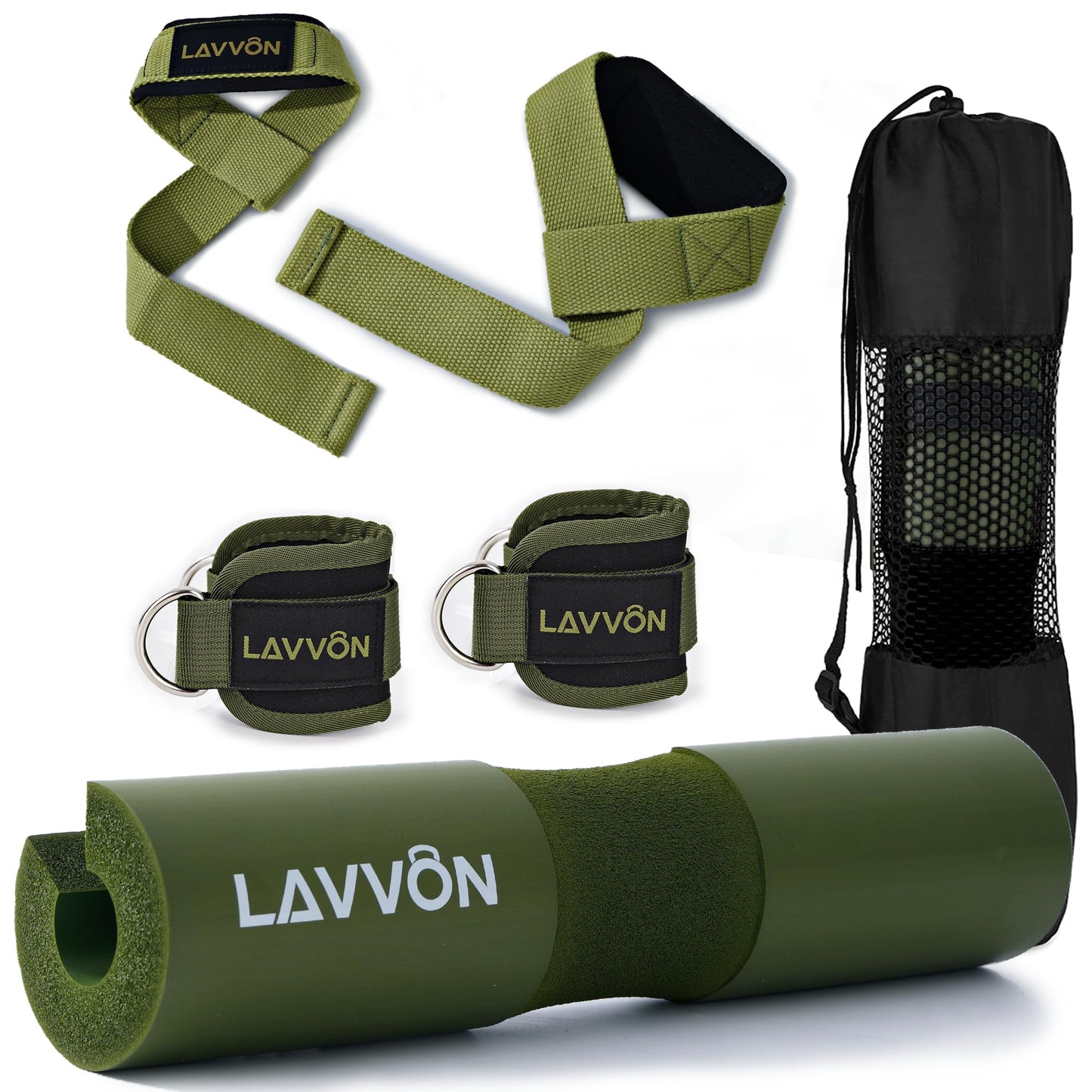 Squat Pad Set - Foam Barbell Pad for Squats Cushion, Lunges & Bar Padding for Hip Thrusts -Standard Olympic Weight Bar Pad,Gym Accessories for Women(Ankle Straps,Wrist Straps for Weightlifting)(Army-Green)