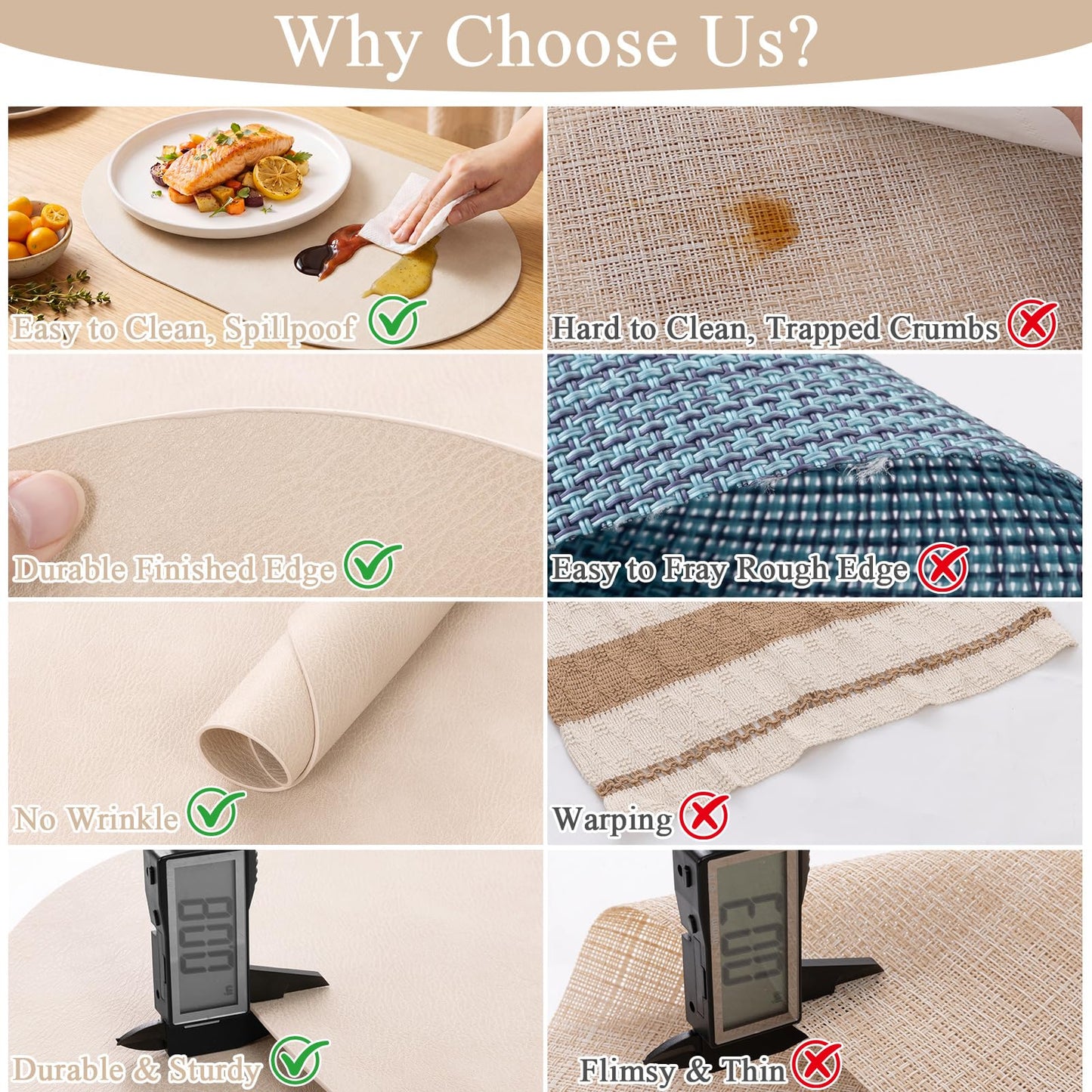 SHACOS Faux Leather Oval Placemats Set of 6 Waterproof Heat Resistant Washable Wipeable Place Mats Solid Table Mats for Kitchen Dining Room Decor, White Oak Beige
