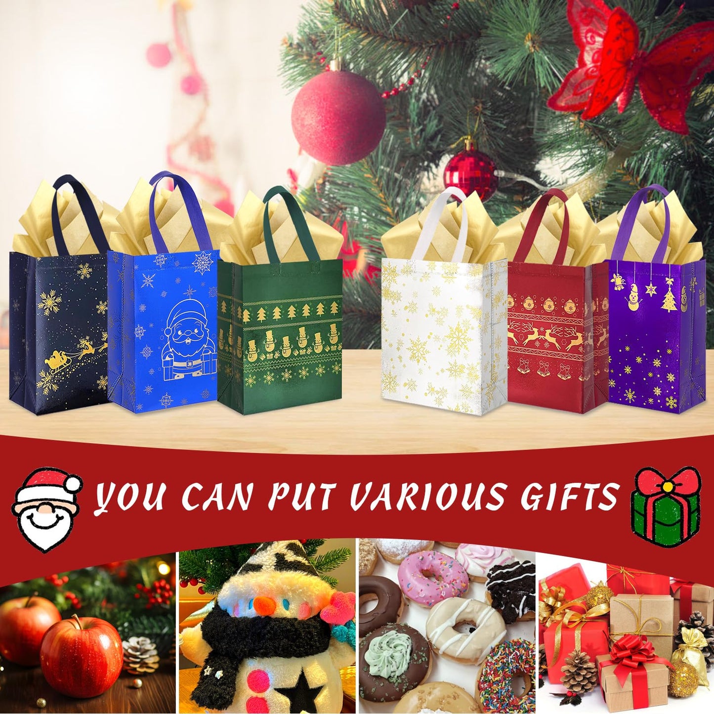 18Pack Christmas Gift Bags Medium Size with Tissue Paper - Reusable Non-Woven Tote Bags with Handles - Perfect for Gift Wrap/Party Favor Supplies - 10.2" x 8.3" x 4"