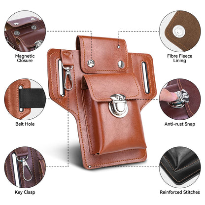 Leather Phone Holster for iPhone 17/16/15/14/13/12/their Pro & Pro Max, Belt Clip Cell Phone Case for Galaxy S25/S24/S23, Multitool Magnetic Closure Belt Pouch, Fits All Phones up to 7" (Ebony)