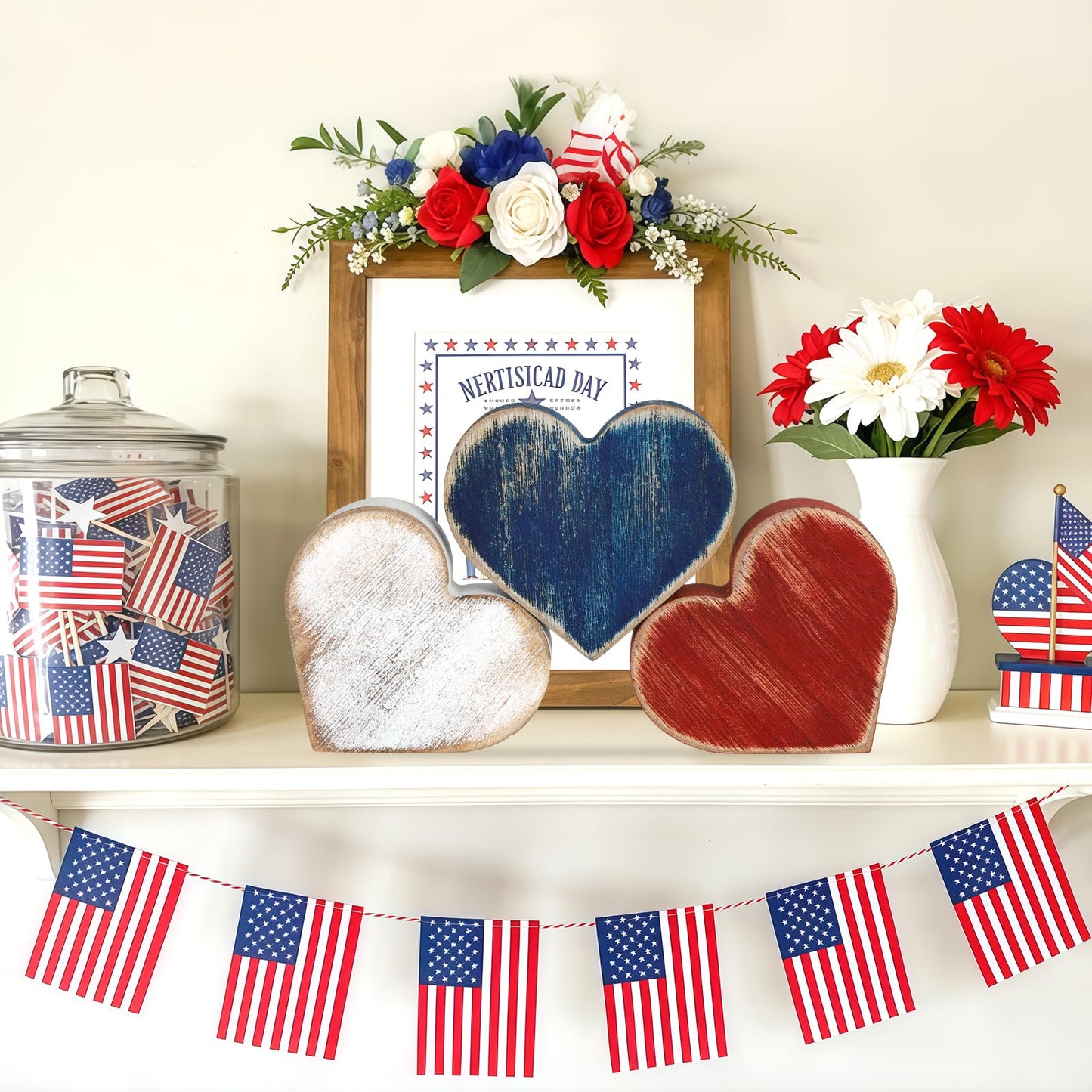 COCHIE Wooden Hearts 4th of July Decorations Indoor, Wood Heart Blocks Memorial Day Tiered Tray Decor Set of 6, Red Blue White Veterans Day Decoration for Home Party Office Shelf Mantle (Patriotic)