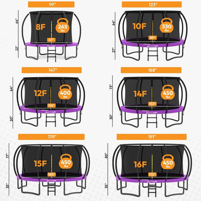 JUMPZYLLA Trampoline Outdoor 8FT 10FT 12FT 14FT 15FT 16FT with Enclosure and Ladder, ASTM Approved Recreational Trampoline for Kids and Adults, Anti-Rust Coated Frame (Purple, 16FT)
