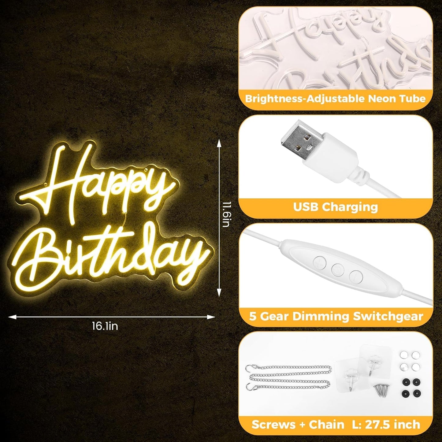 Happy Birthday Neon Sign, Cool Dimmable Light Up USB Powered LED Cute Neon Sign Light Warm White Hanging for Backdrop Wall Decor Child Girl's Bedroom Living Room Birthday Party Gift (Warm White)