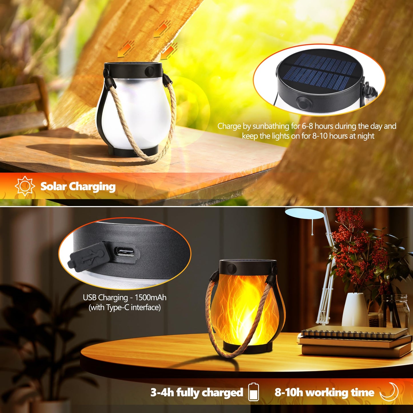 Jyoiat Solar Outdoor Lanterns Waterproof - 2 Pack Ultra-Real Flame Solar Lantern Lights with Dual Charging Modes (Solar/USB) for Garden Yard Patio Birthday Mothers Day Gifts (Warm White - 2 Pack)