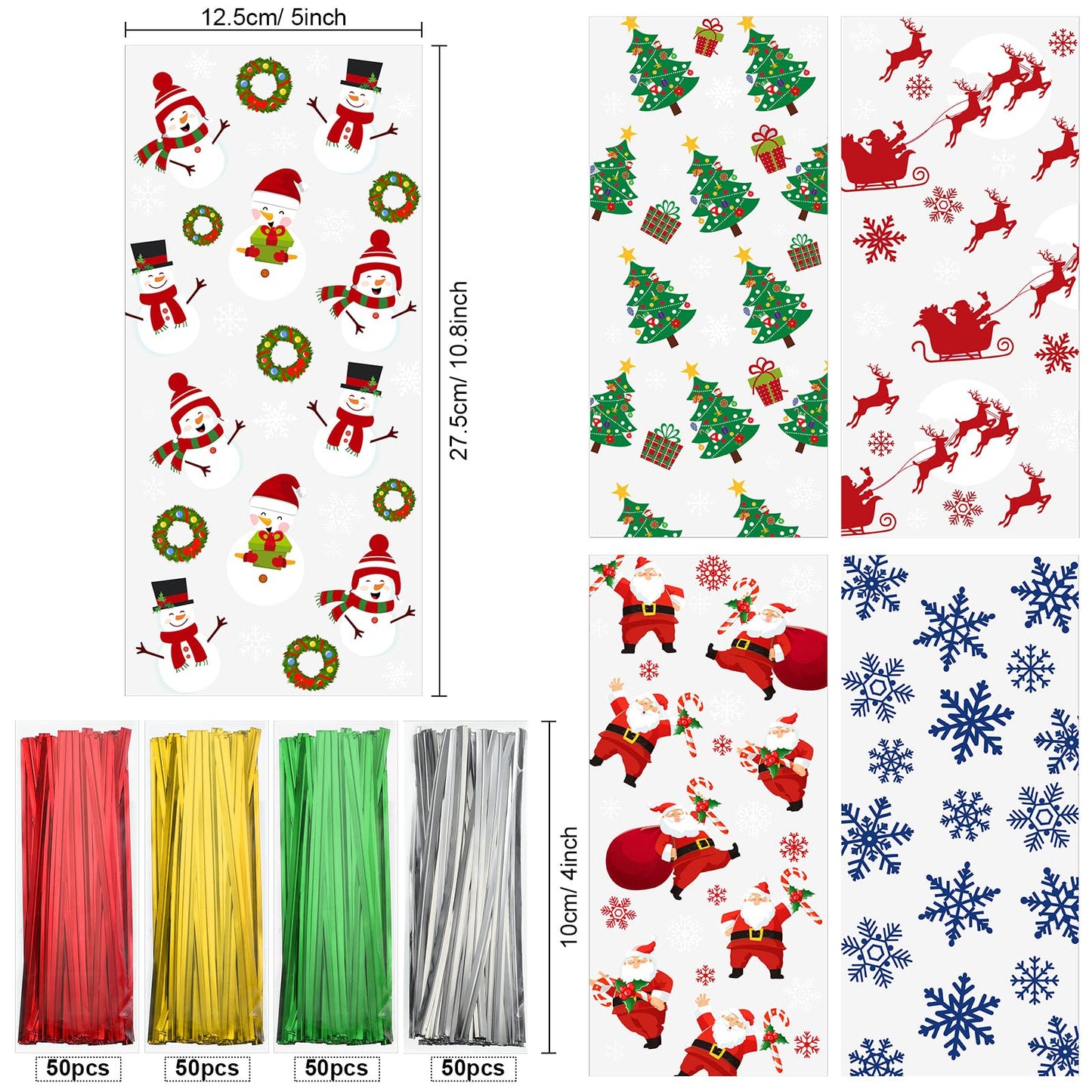 Outus 200 Pieces Christmas Cellophane Treat Bags, Plastic Christmas Cello Bags with Twist Ties for Candy, Cookie, Goodies, Gift Wrap, Xmas Party Favor Supplies