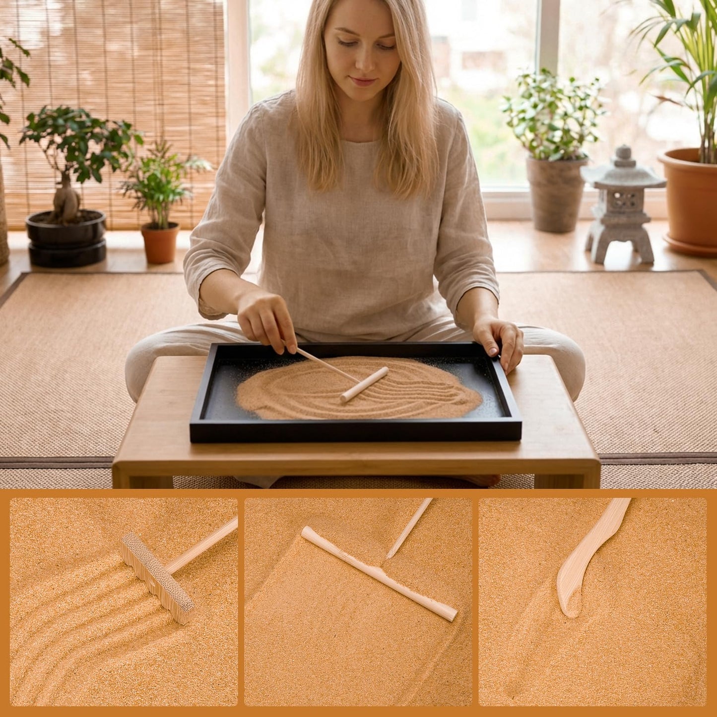 Desert Zen Garden Kit for Desk,12.6x8.6in Premium Sand Tray with 4 Artificial Features, Brown Sands, 3 Wood Tools，Mini Southwestern Desert Decor Zen Sand Garden Set for Home, Office Desk