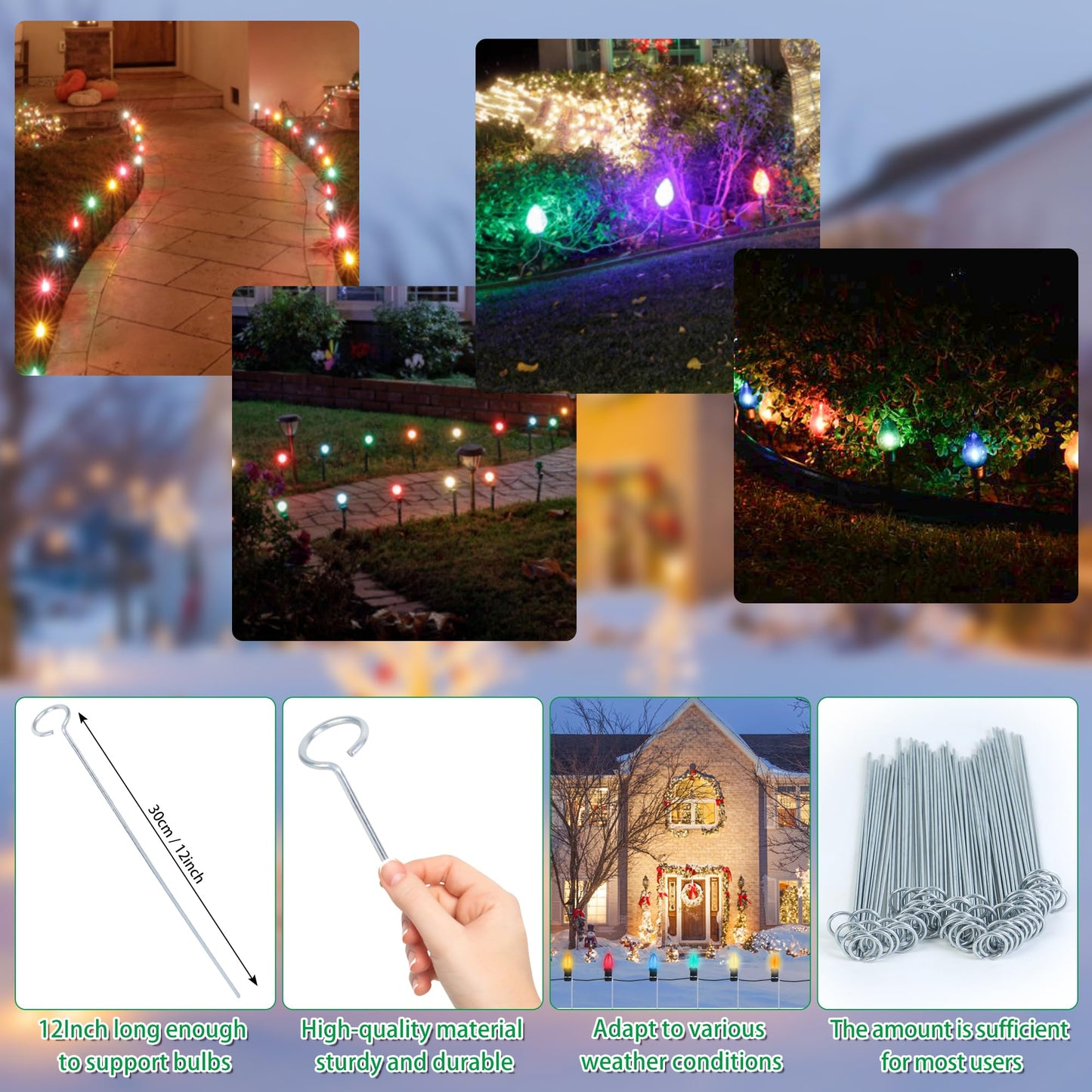 WBCBEC 60Pcs 12 Inch Metal Christmas Light Stakes Christmas Yard Lights Stakes Metal Light Stakes for Christmas Lights Yard Lawn Light Stakes for C7 and C9 Ground Stakes for Christmas Lights