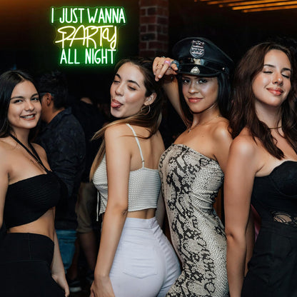 I Just Wanna Party All Night Neon Sign Green Yellow Letter Neon Light Prom Night LED Signs for Wall Dimmable Party Neon Lights Signs for Ball Prom Birthday Bar Decor USB Powered