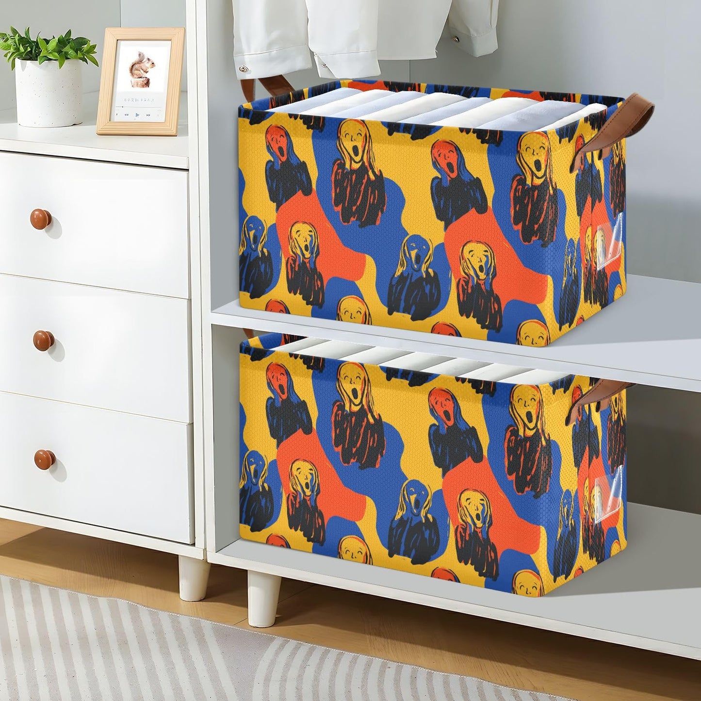 Oil Painting Art The Scream Storage Basket Foldable Cube Storage Bins with Handles&Label Waterproof Collapsible Organizer Box Bin Large Rectangle Decorative Baskets for Shelves Home Room Laundry