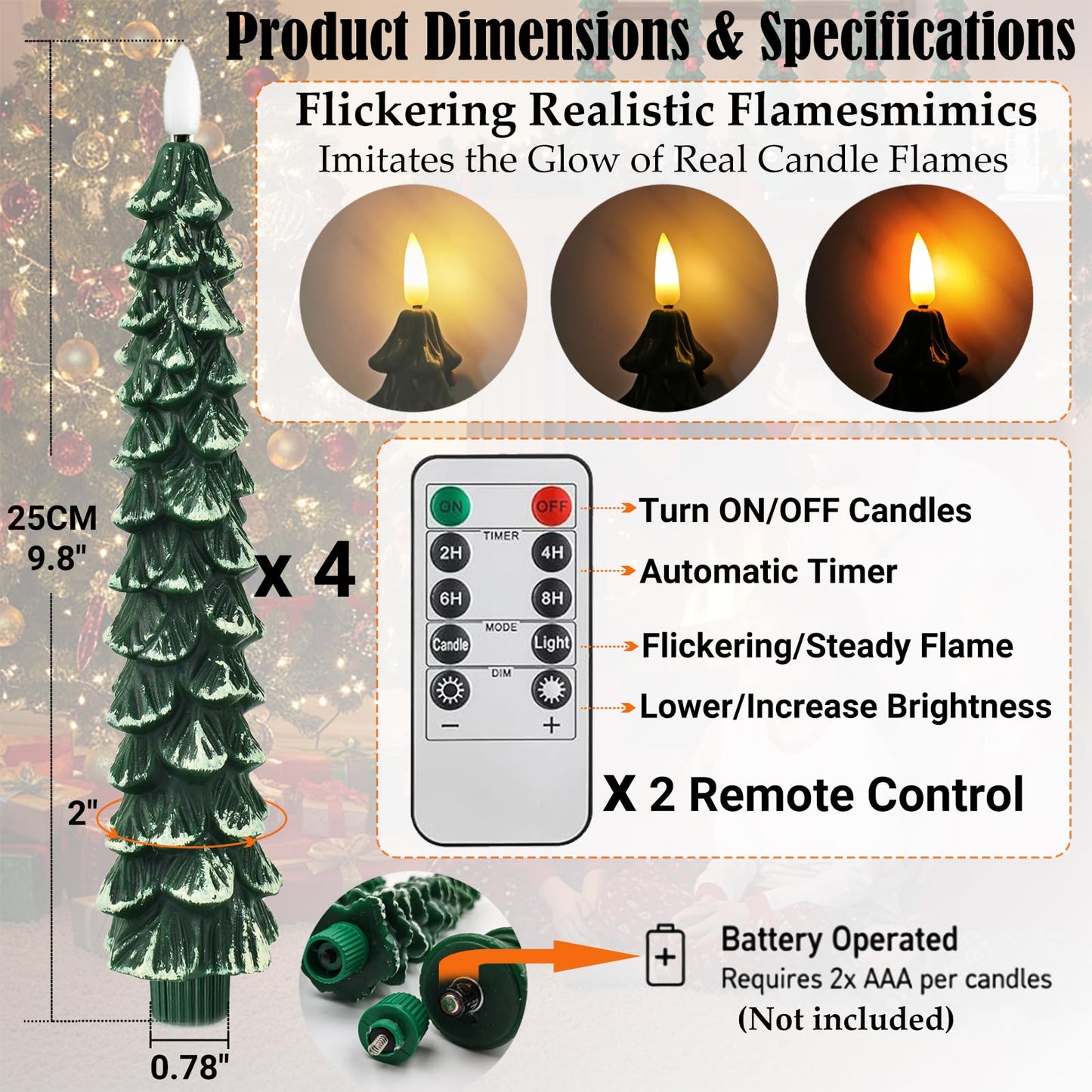 FYBW Christmas Tree Flameless Taper Candles with Remote Timer,4 Pcs Green LED Taper Candles with 3D Flame for Holiday Decorations (Snowy Green B)