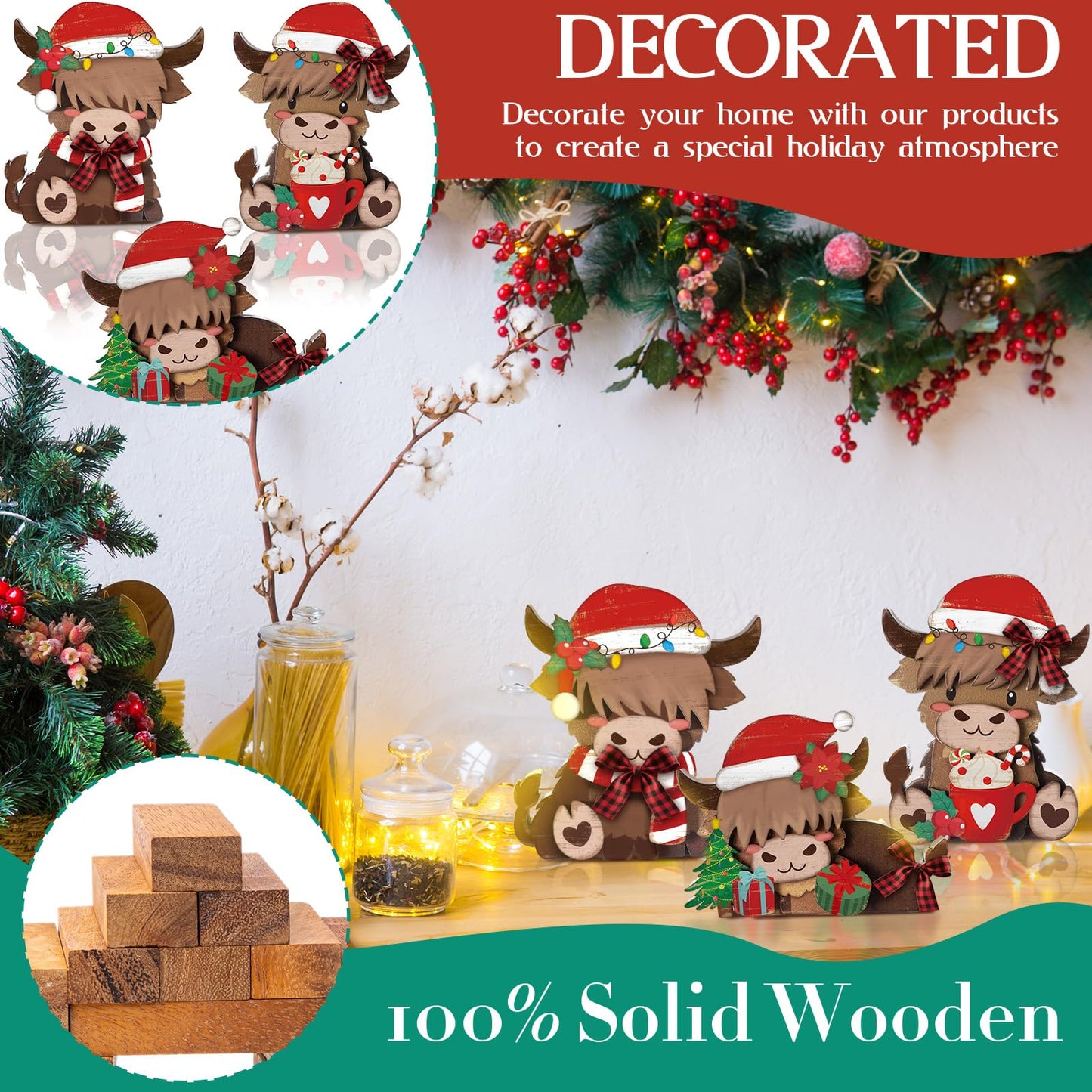 GlikCeil 3 Pcs Christmas Highland Cow Wooden Table Decorations Centerpiece Block Christmas Highland Cow Tiered Tray Tabletop Sign for Office Dining Room Mantle Party Supplies Home