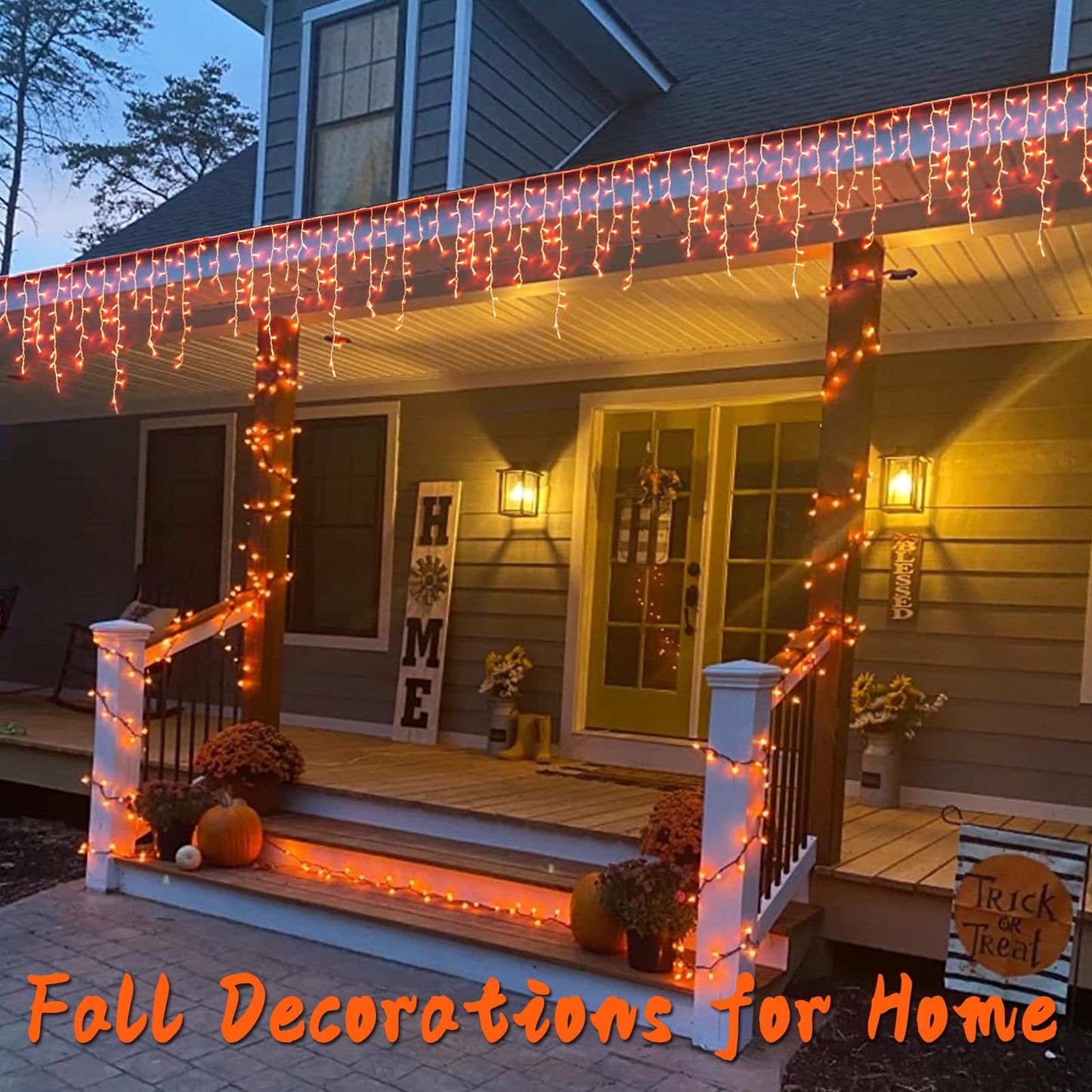 YEGUO 33ft 400 LED Orange Thanksgiving Lights, Connetable Icicle Light Outdoor Waterproof, 8 Modes Christmas Lights Indoor Plug in for Thanksgiving House Patio Fall