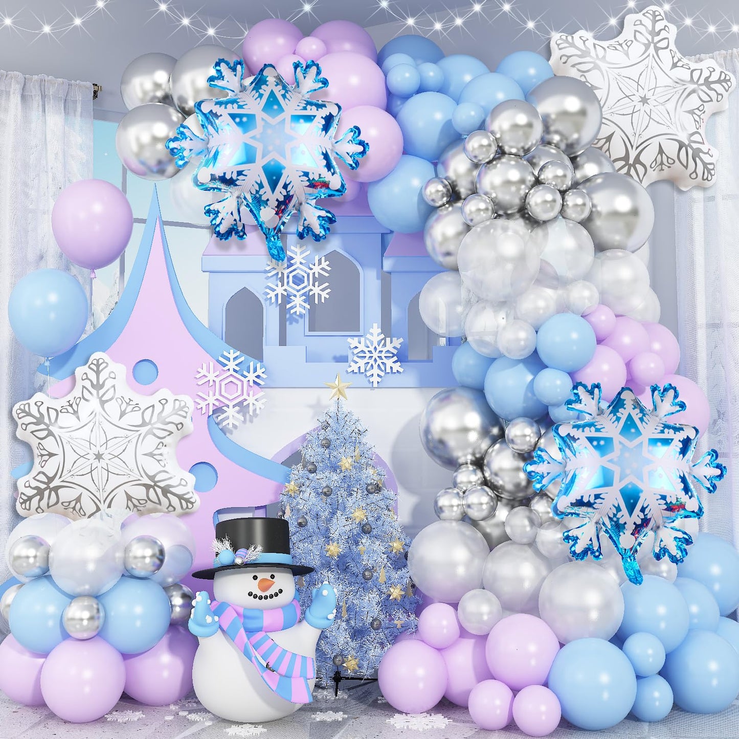 Winter Wonderland Balloon Arch Garland Kit, 141Pcs Pastel Purple Blue White Metallic Silver Winter Onderland Balloon Arch with Snow flake Foil Balloon for Women Birthday Party Christmas Decorations